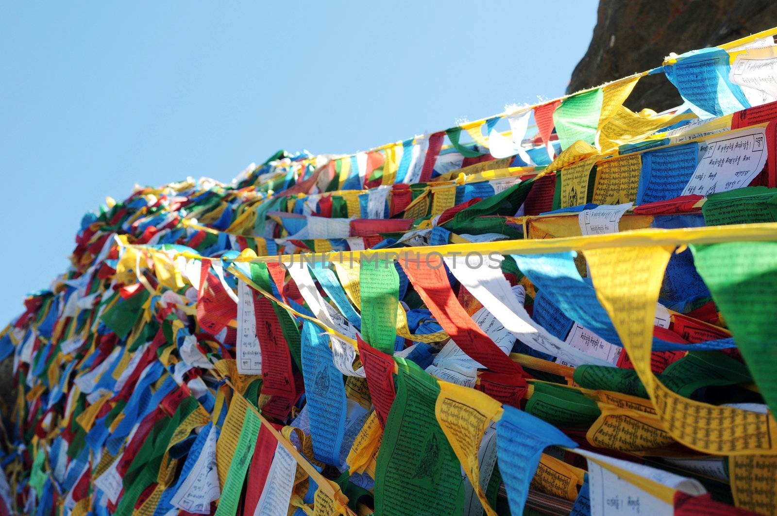 View of colorful prayer flags in Tibet