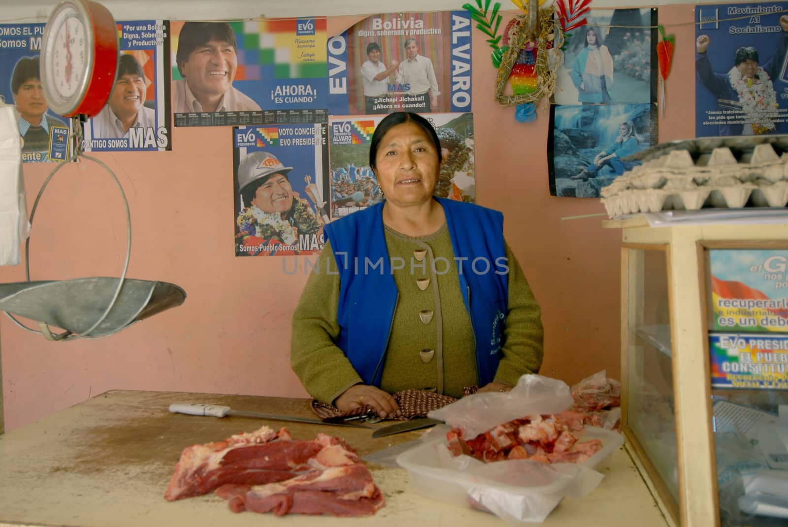 Oruro, Bolivia, June 14, 2006. Esther Morales sister of the President of Bolivia Evo Morales.Esther in his small shop. Esther leads a very modest life, is primarily active in pro-poor