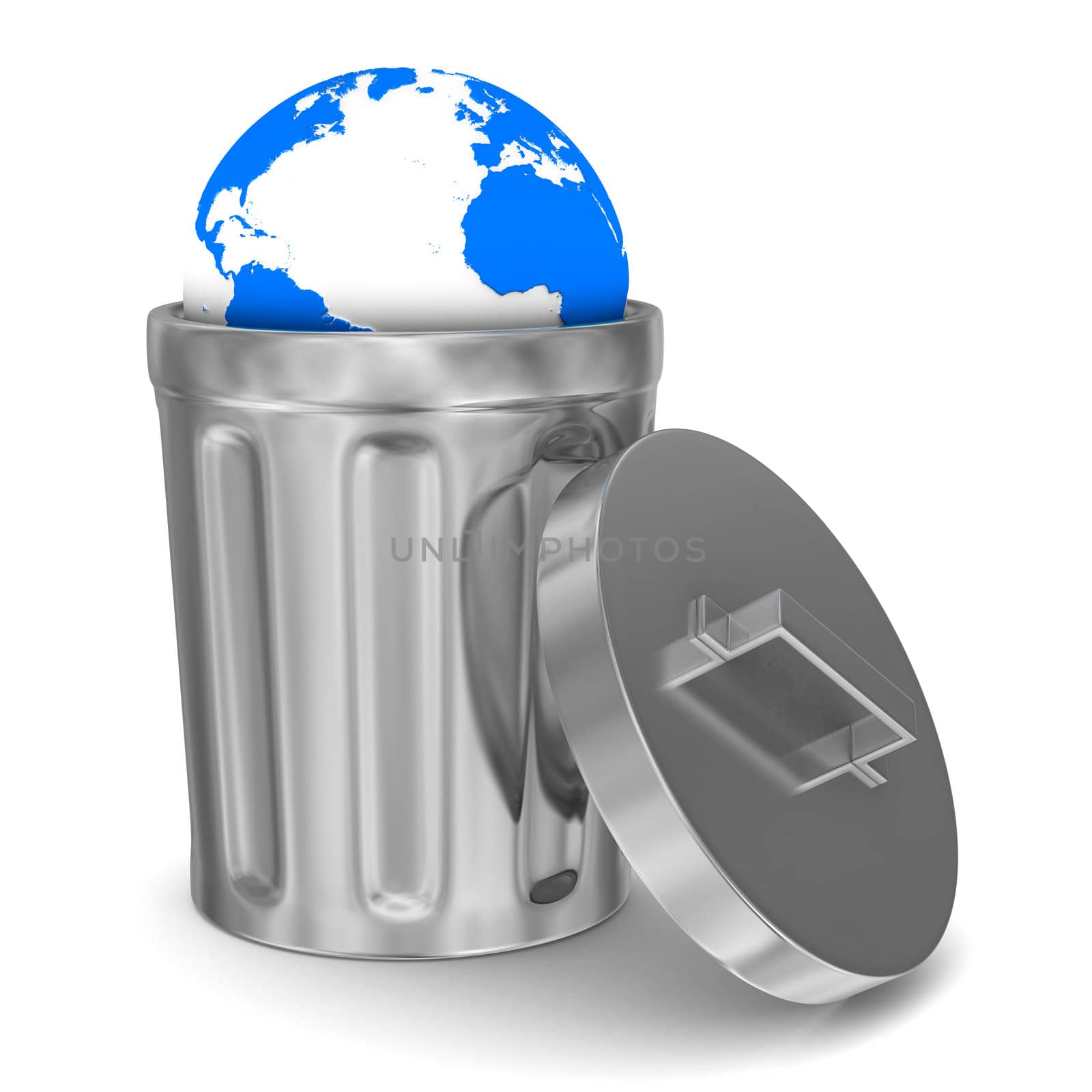 globe into garbage basket on white background. Isolated 3D image