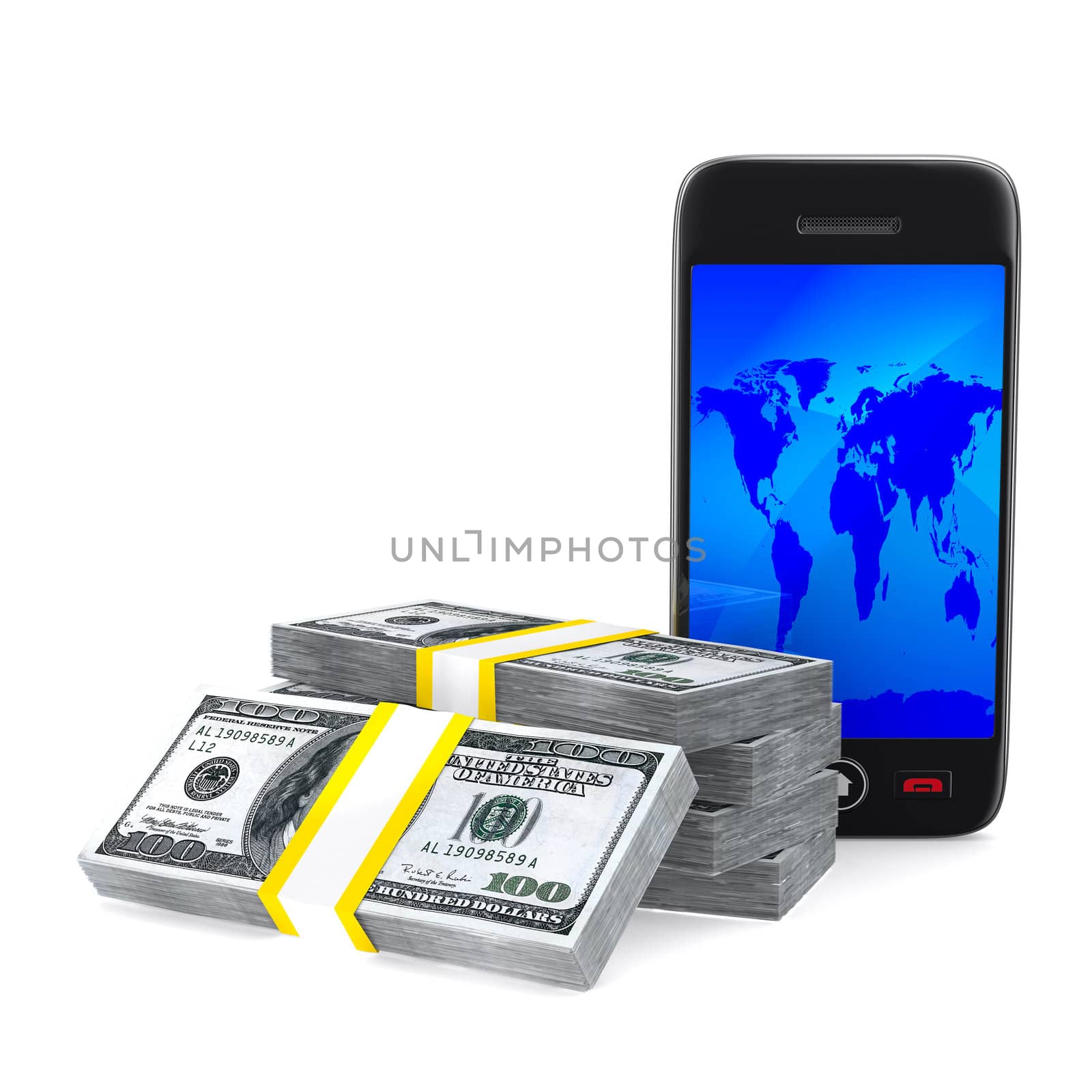 phone and cash on white background. Isolated 3D image