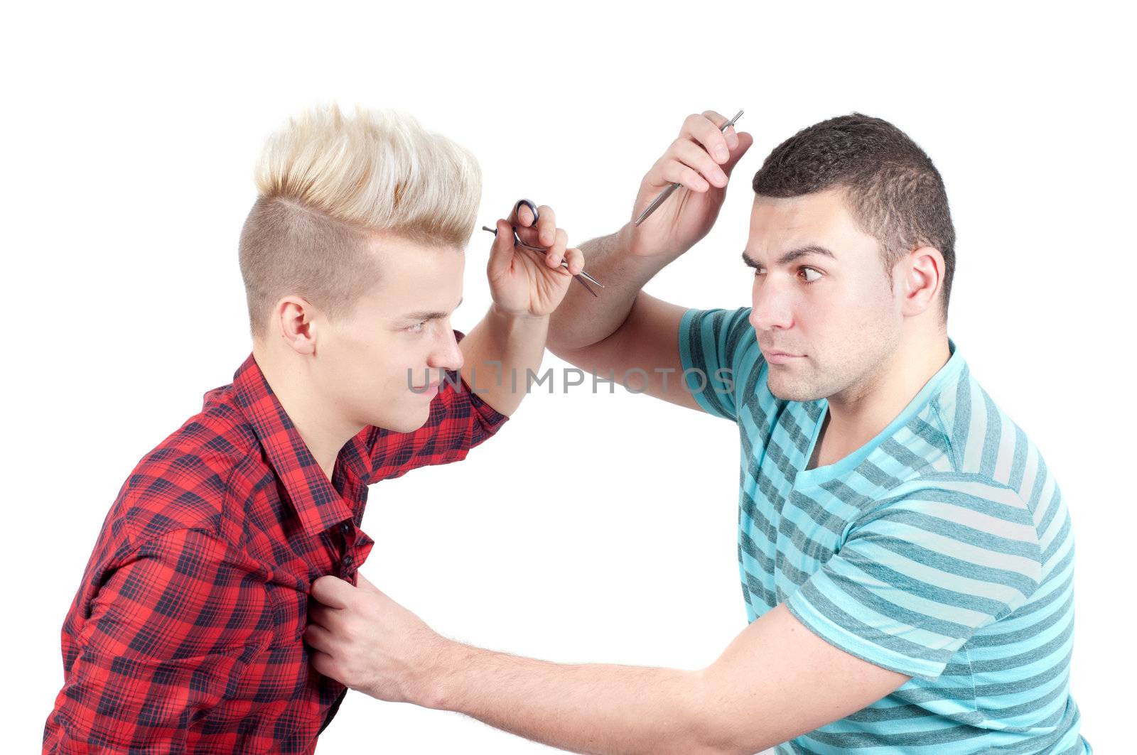 Two man fighting with scissors, isolated on white