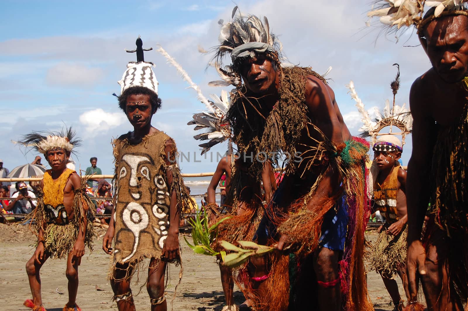 Traditional tribal dance at mask festival.
7th Gulf Mask Festival, Toare Village, Gulf Province, Papua New Guinea on June 19, 2011