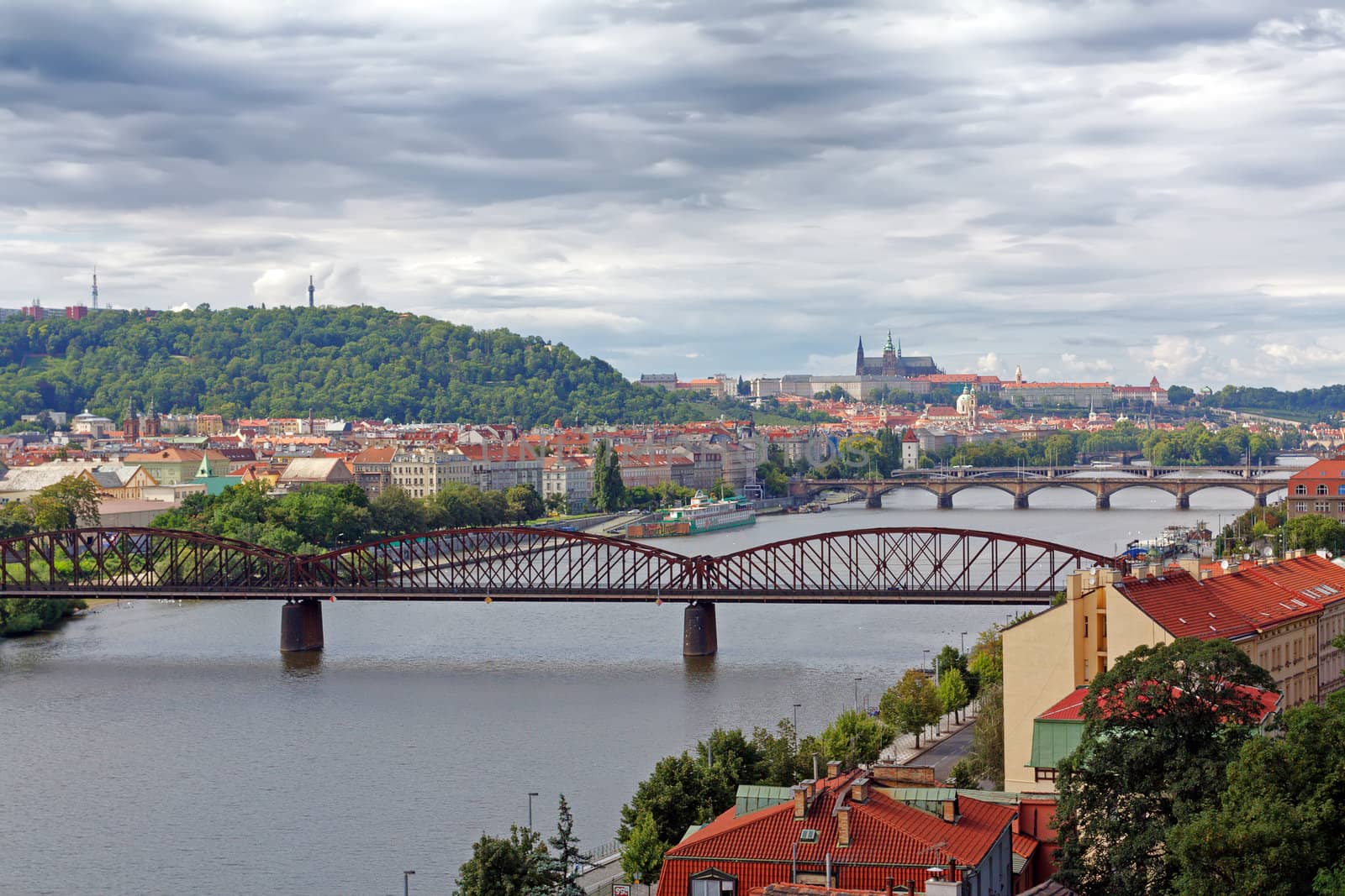 Cityscape of Prague with Vltava river seen from Vysehrad hill