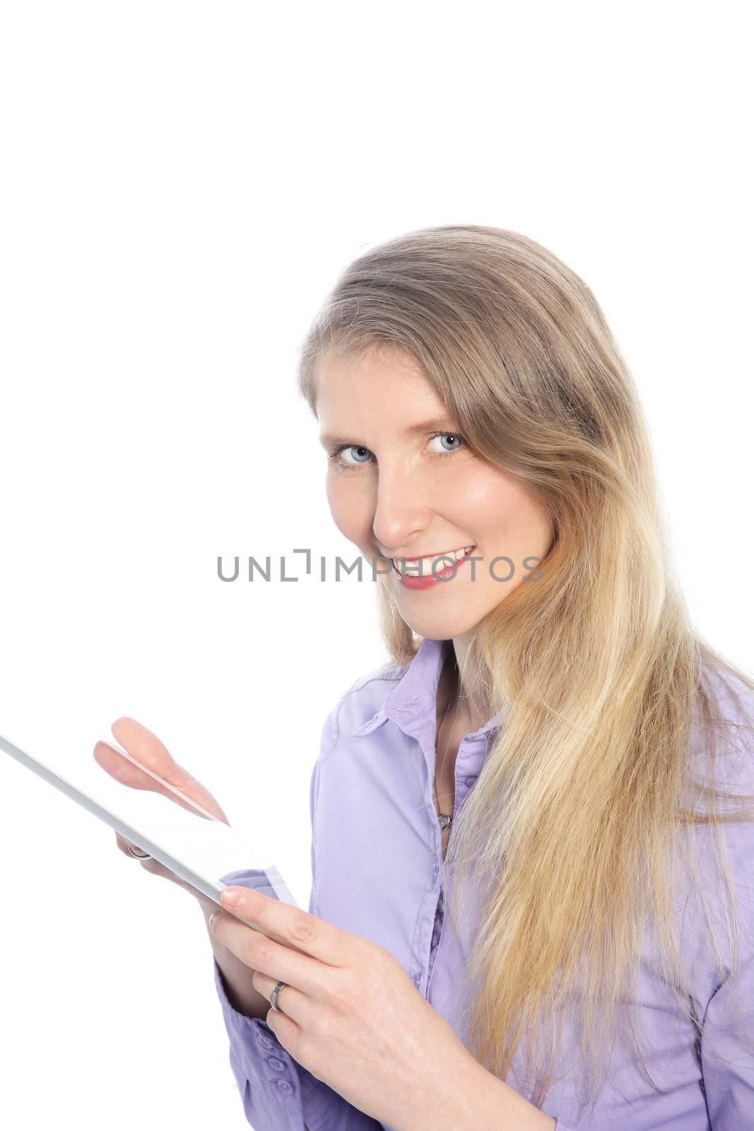 Blonde attractive woman holding a tablet by Farina6000