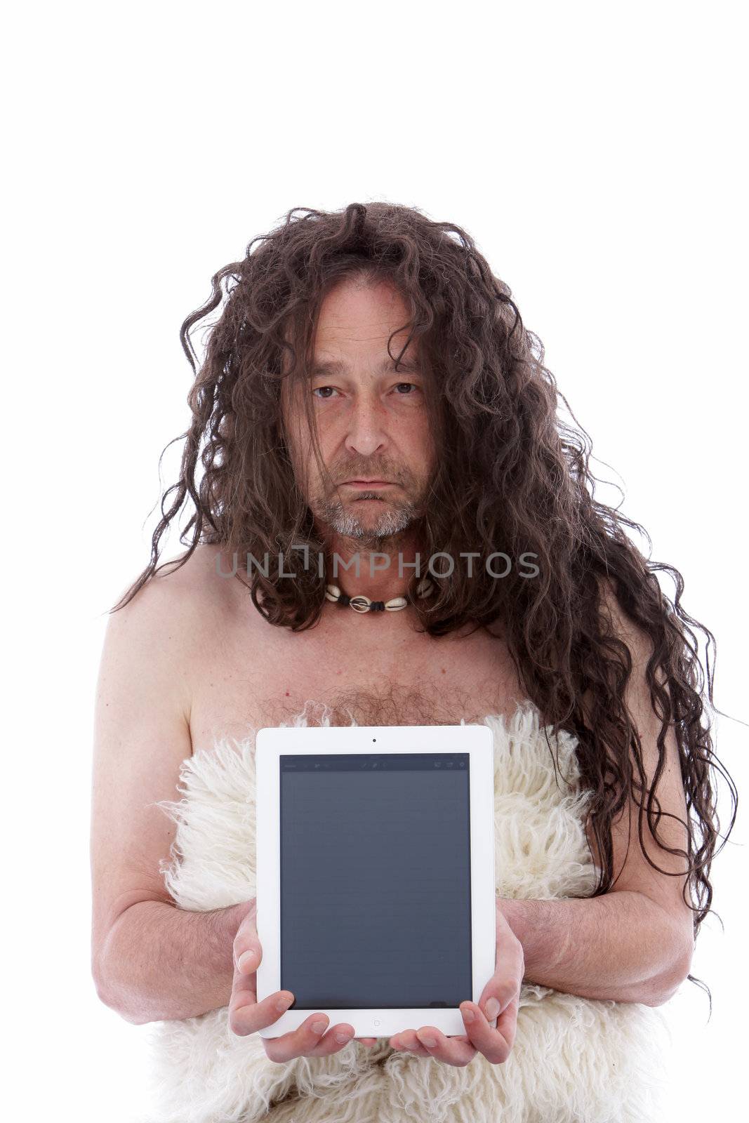 Funny primitive man holding a PC tablet by Farina6000