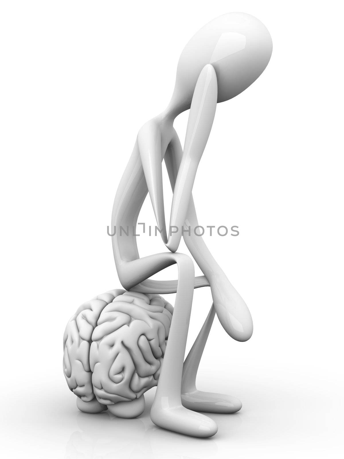 A cartoon figure con a huge brain. 3D rendered illustration. Isolated on white.