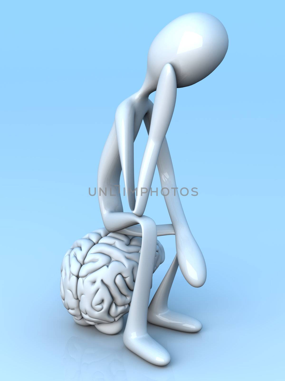 A cartoon figure con a huge brain. 3D rendered illustration. 