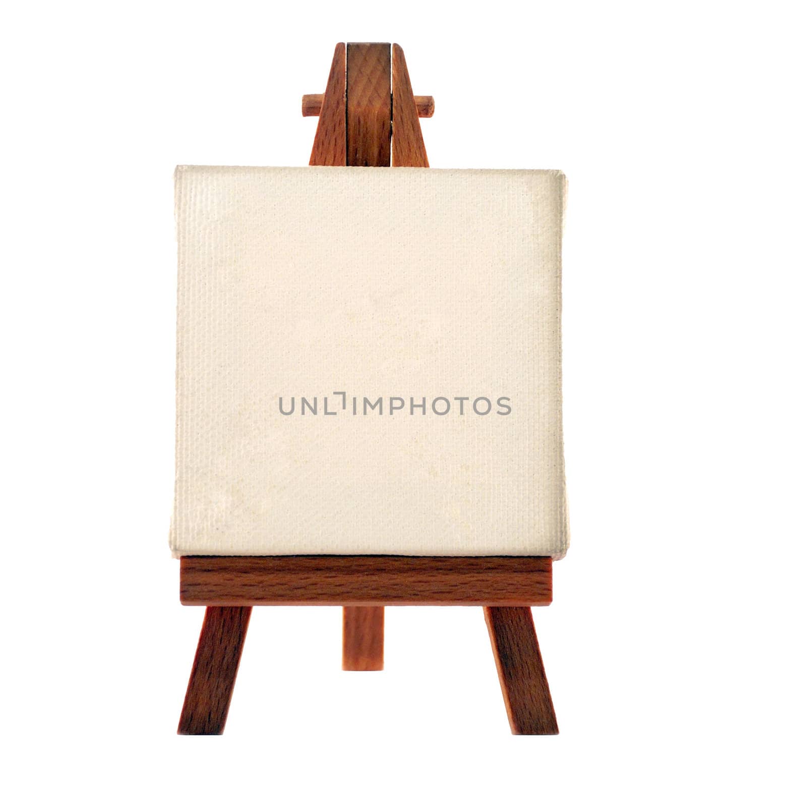 a customizable blank canvas on a wooden tripod