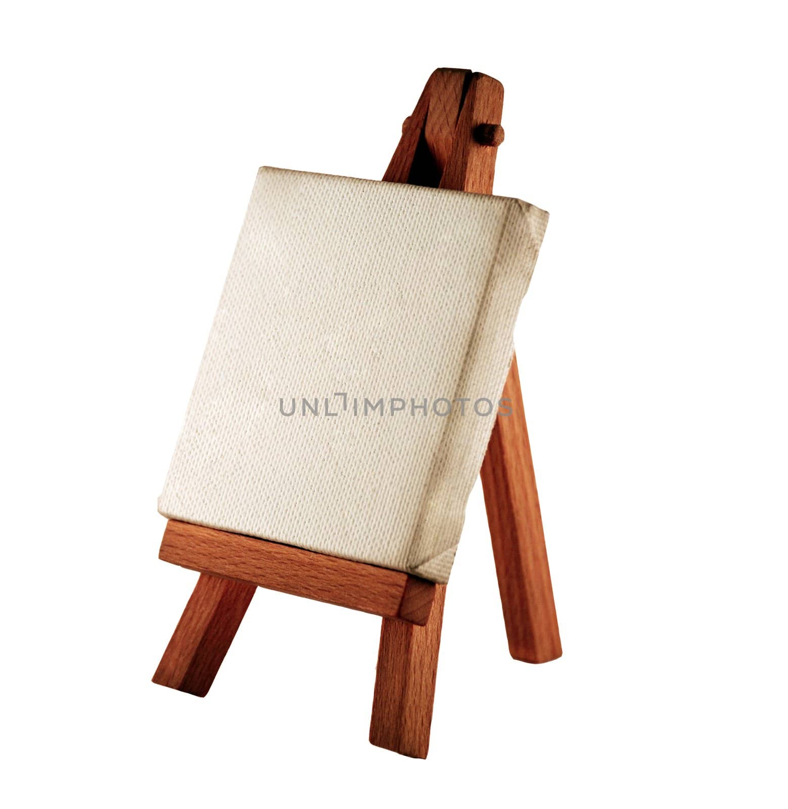 a customizable blank canvas on a wooden tripod