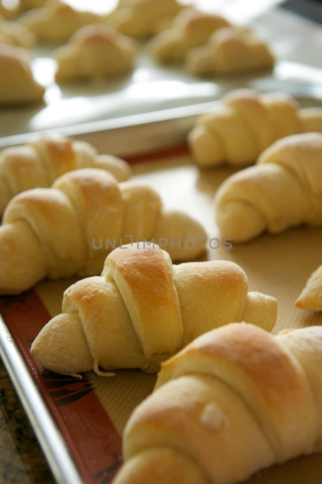 A metal tray of fresh baked holiday rolls for a Thanksgiving type setting