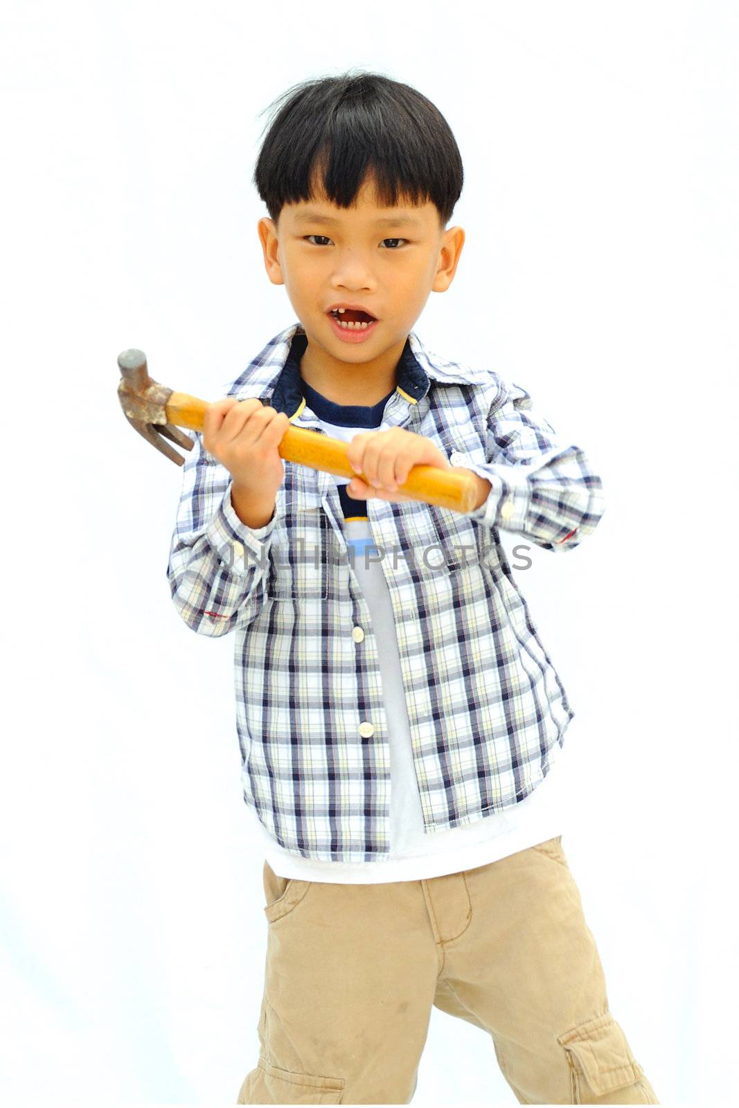 Asian Little boy with tools - isolated on white background