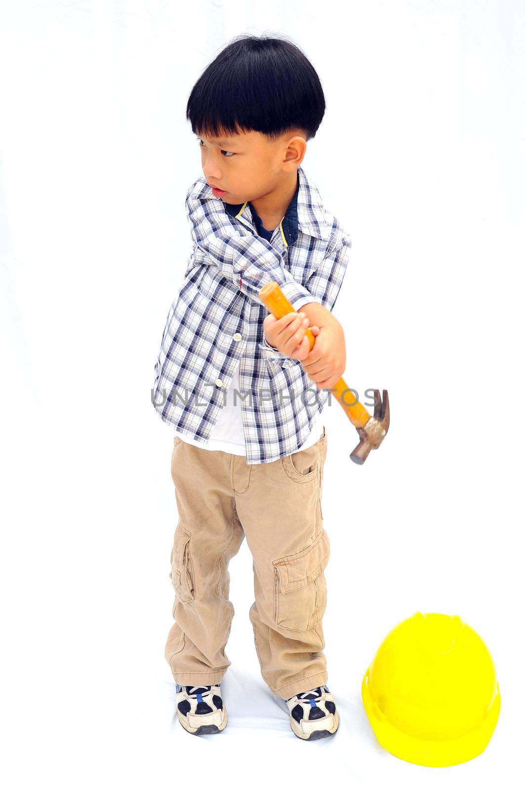 Asian Little boy with tools - isolated on white background