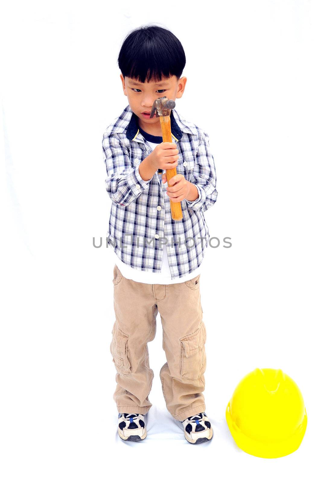 Asian Little boy with tools - isolated on white background