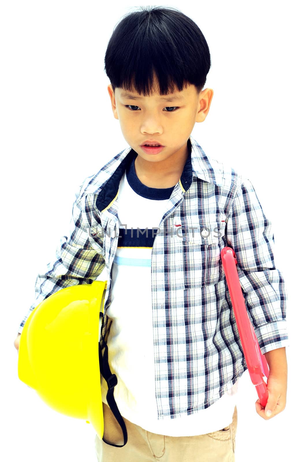 Asian little boy with blank marker board - isolated on white background