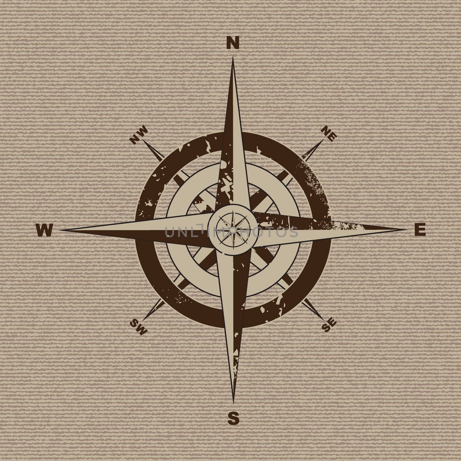 Retro grunge compass with material canvas background in brown