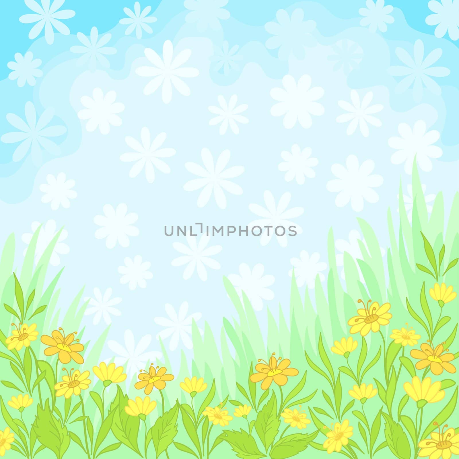 Abstract background, yellow flowers in the meadow, and white in the blue sky