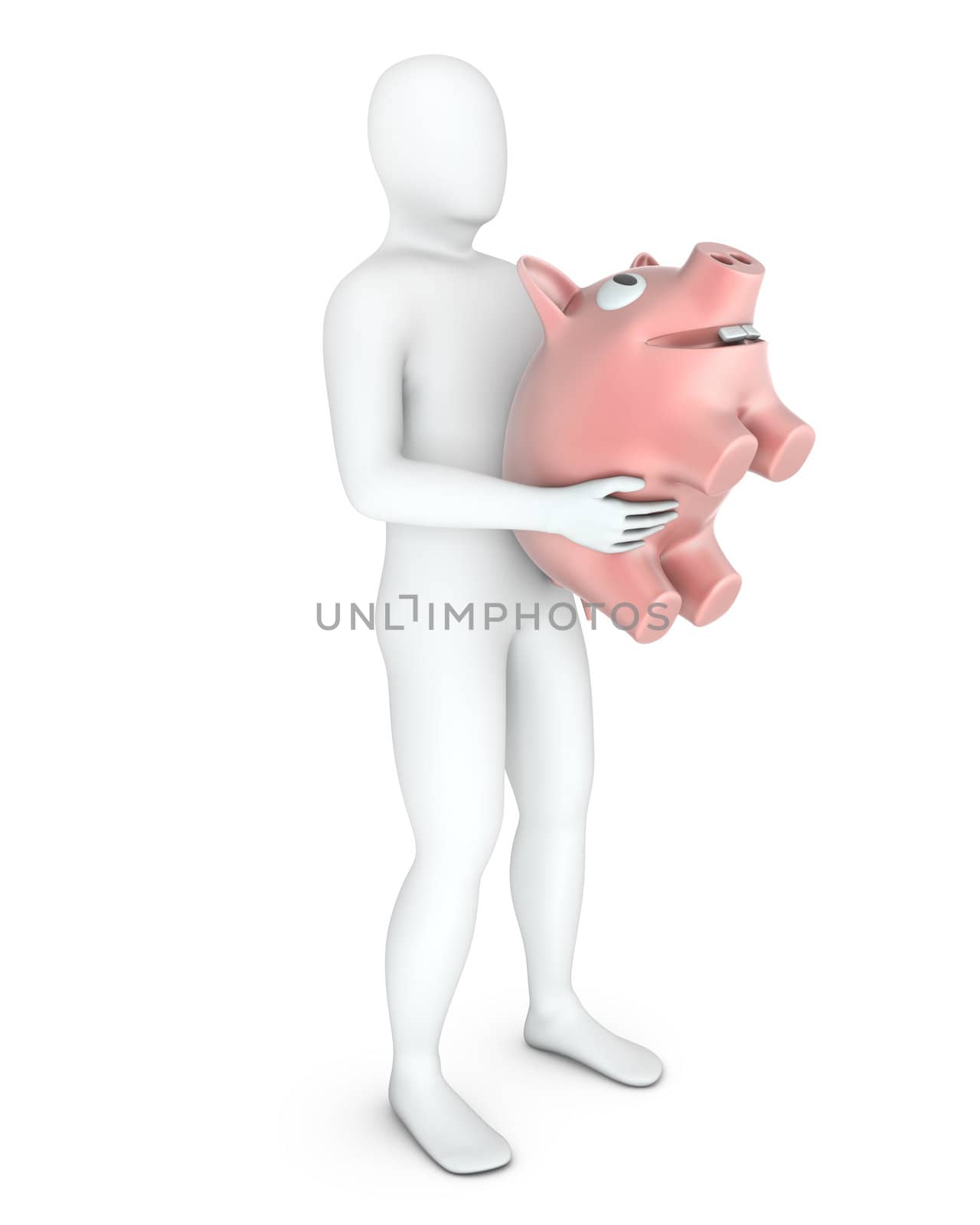 Abstract white man holds pinky piggy bank, isolated on white background