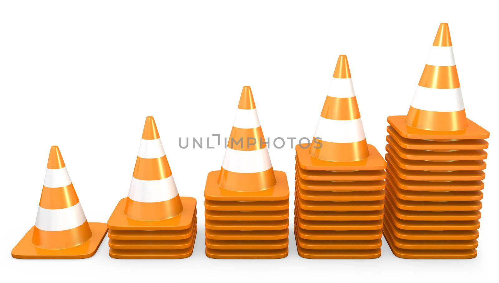 Graph of growth made of traffic cones, isolated on white background