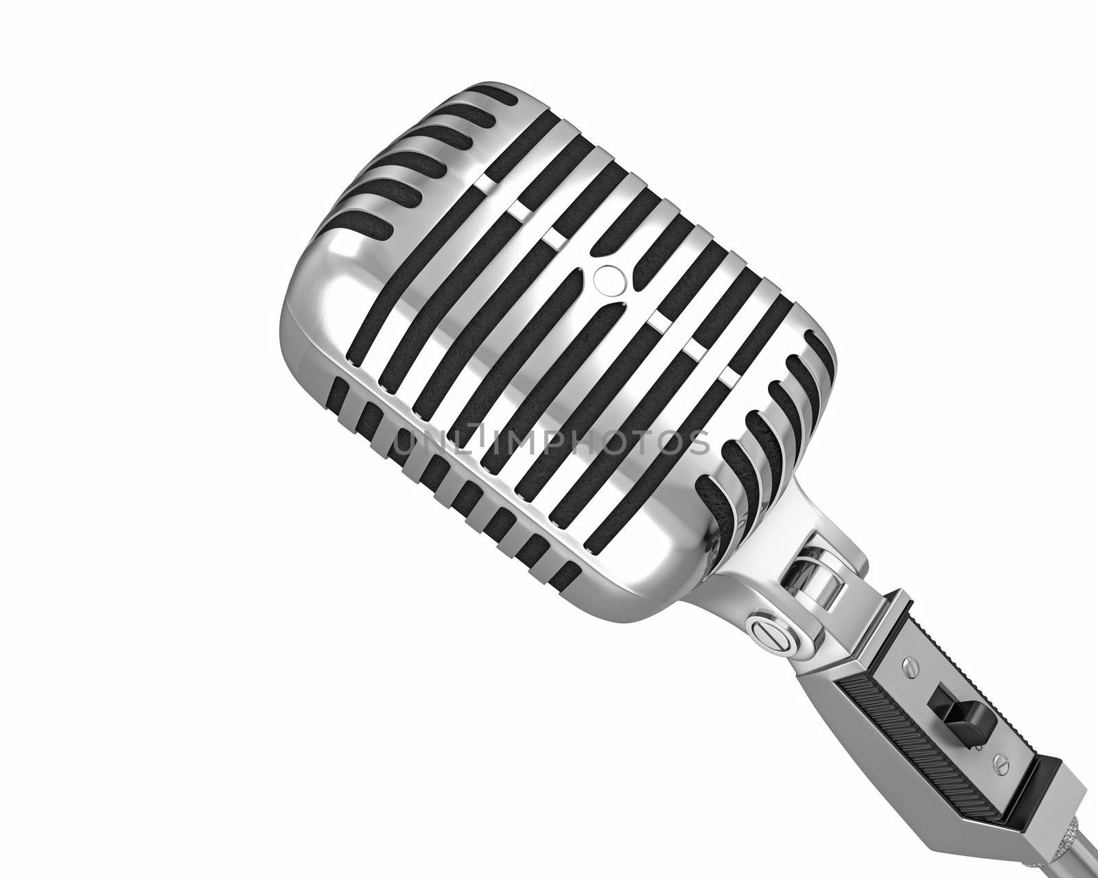 Classic microphone closeup, isolated on white background