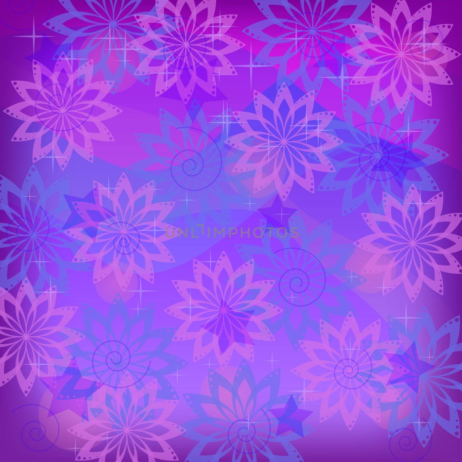 Abstract lilac and blue background: symbolical flowers, curves and stars