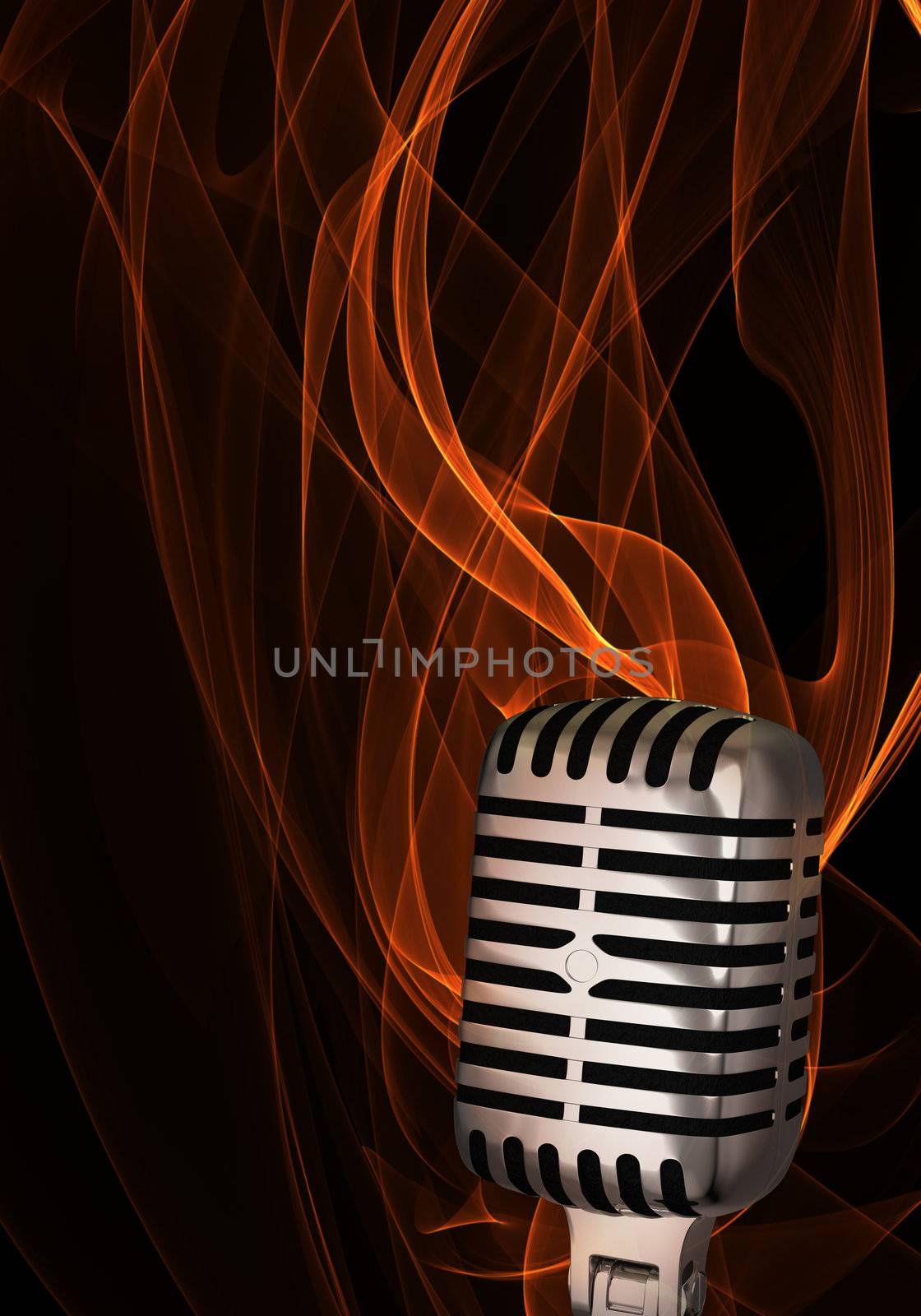 Shiny classic microphone on abstract flame background