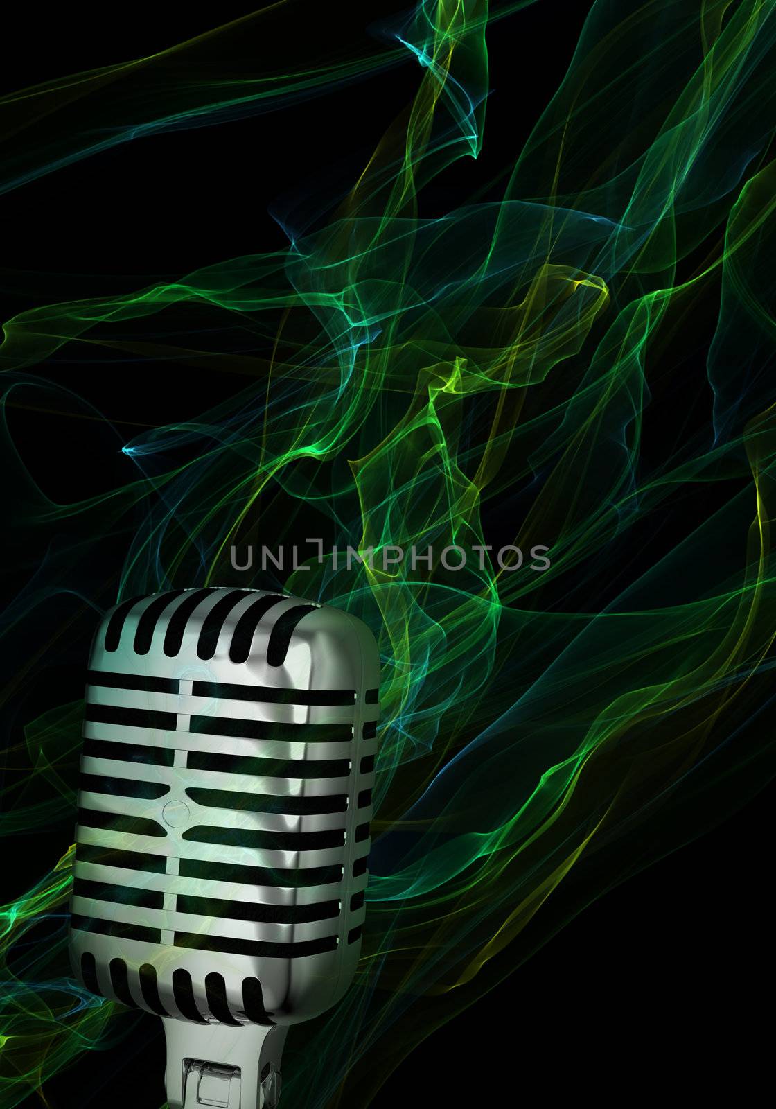 Silver vintage microphone on abstract background