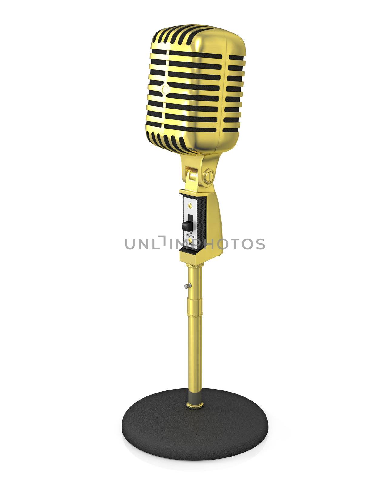 Golden classic microphone on black stand, isolated on white background