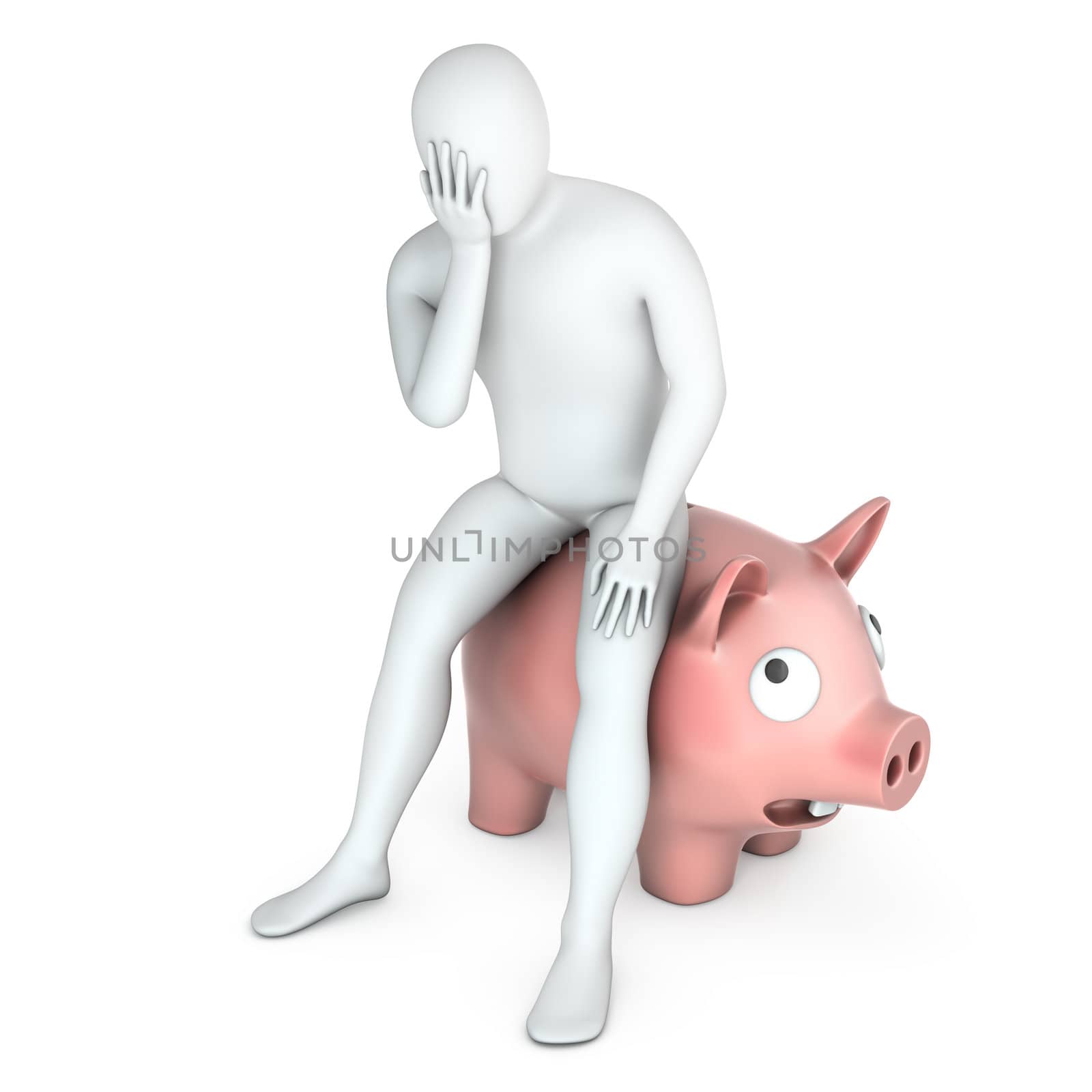 Abstract white man sits on piggy bank, isolated on white background