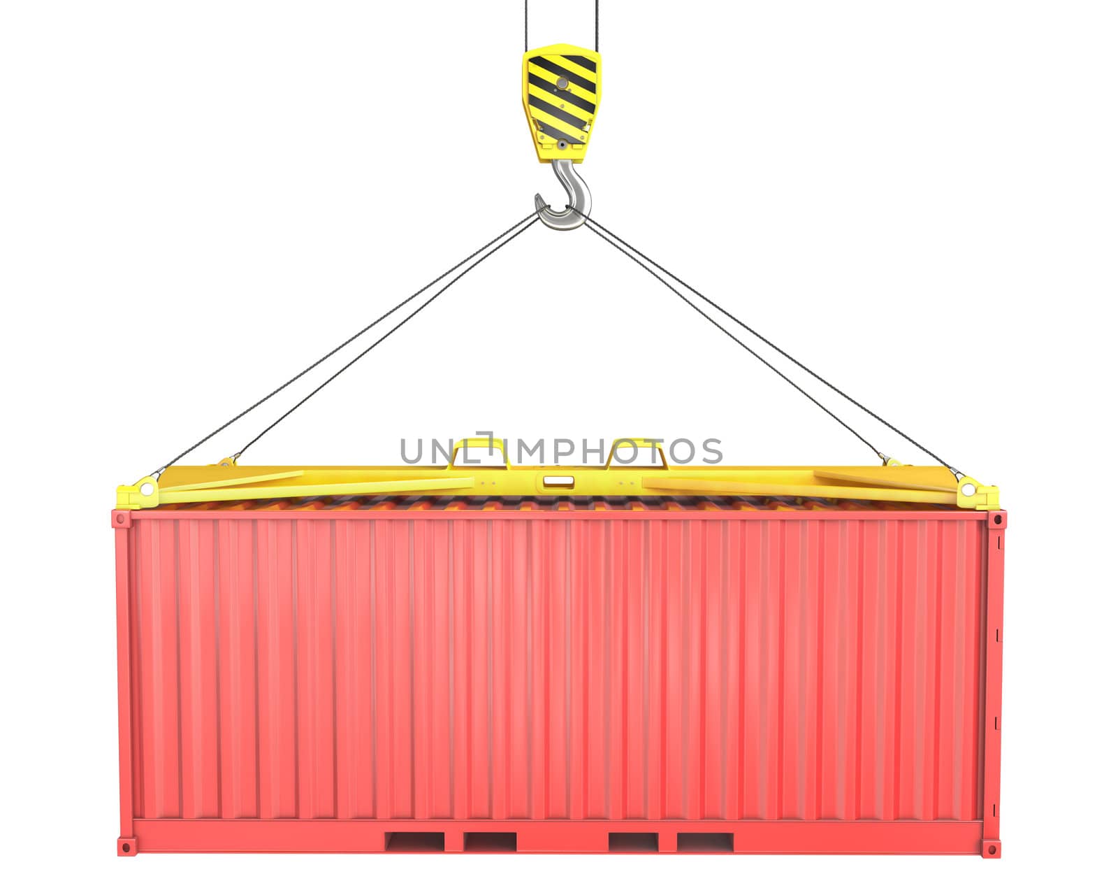 Freight container hoisted on container spreader, isolated on white background