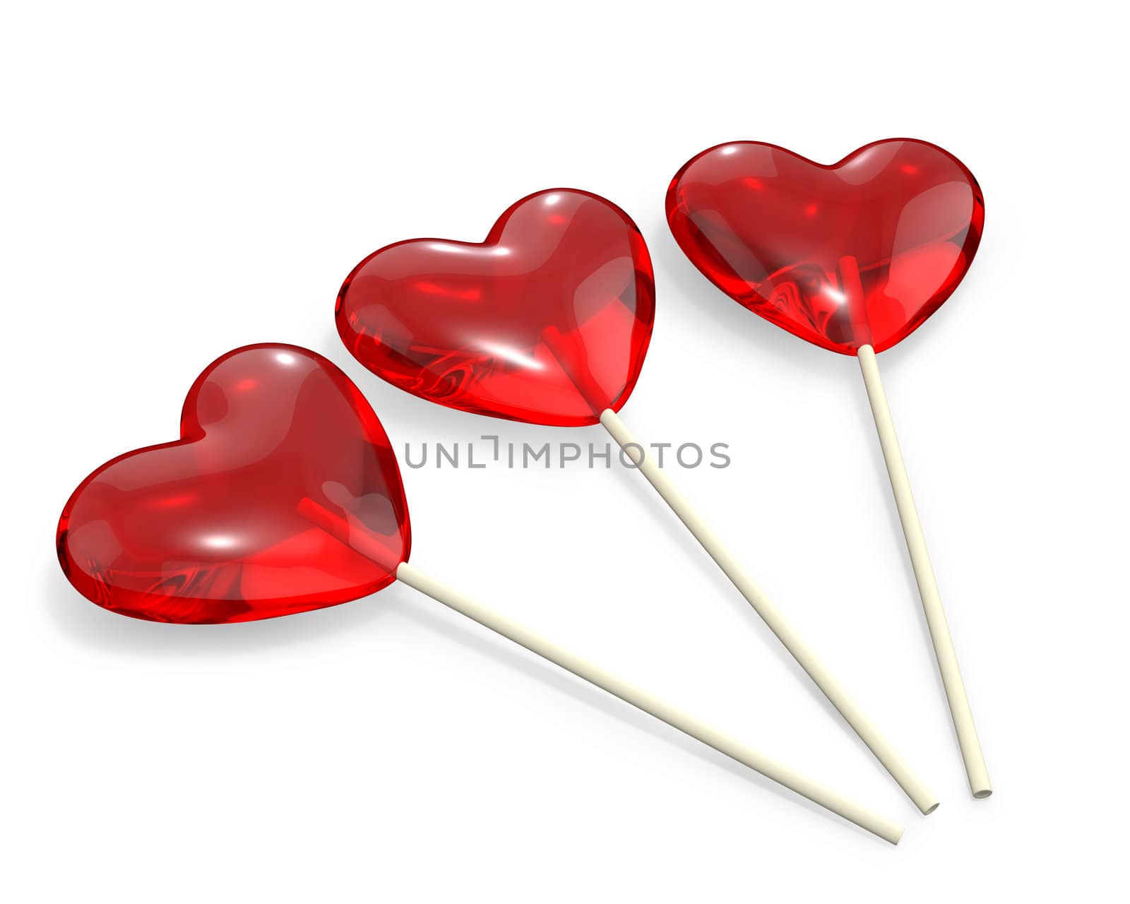 Three heart shaped lollipops, isolated on white background