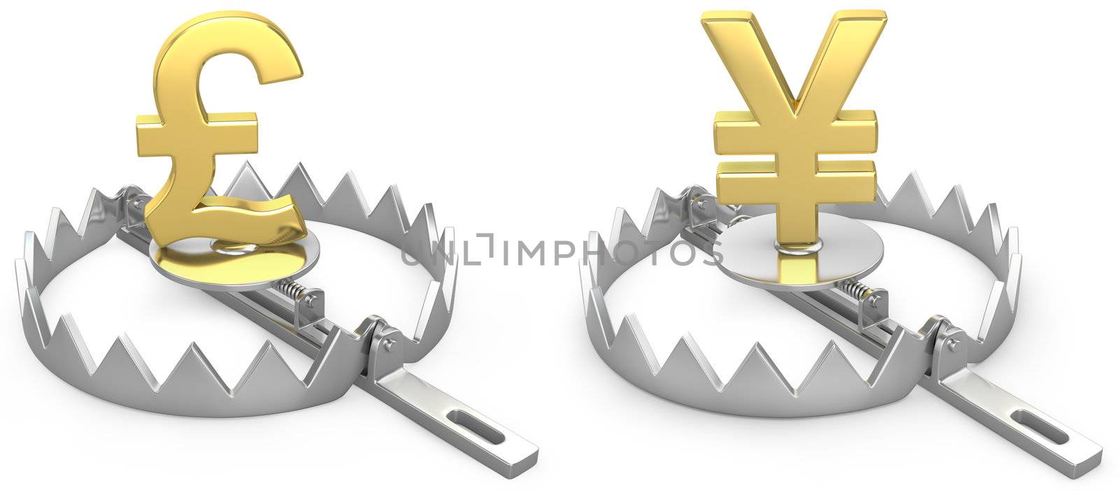 Pound and yen symbols in a bear trap, isolated on white background