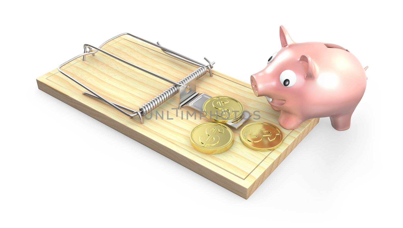 Piggy bank and mouse trap, isolated on white background