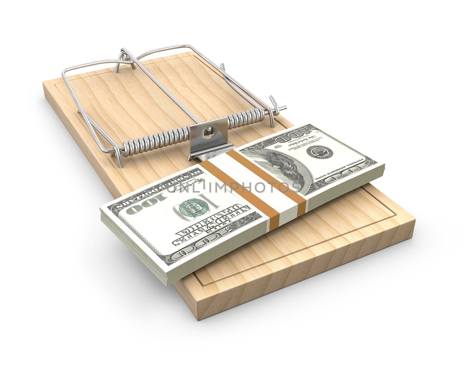 Pack of dollars on a mouse trap, isolated on white background