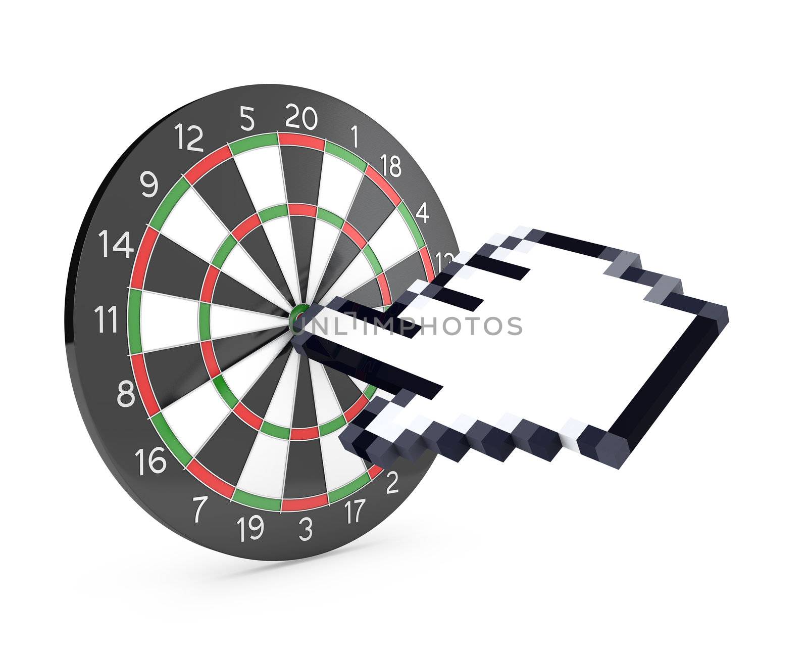 Hand cursor hits the dartboard, isolated on white background