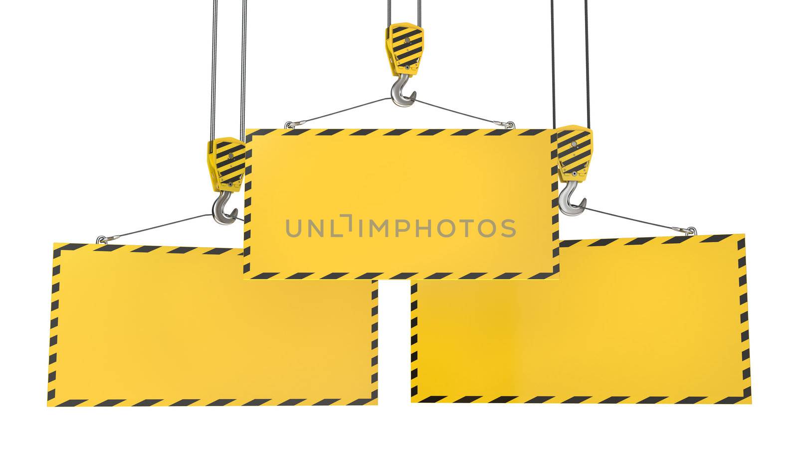 Three crane hooks with blank yellow plates, isolated on white background