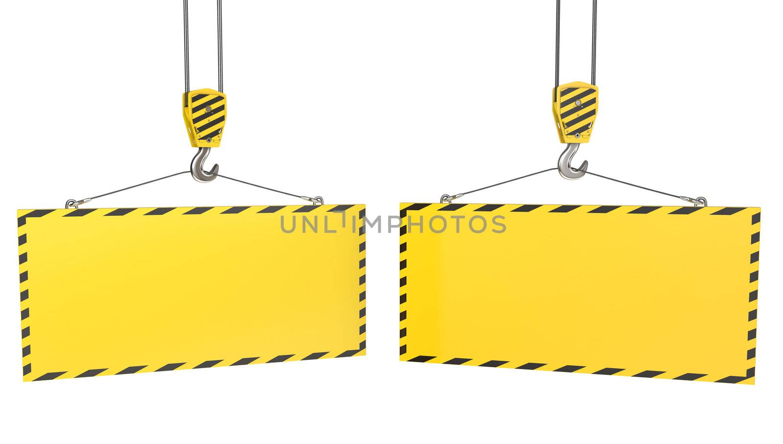 Two crane hooks with blank yellow plates, isolated on white background