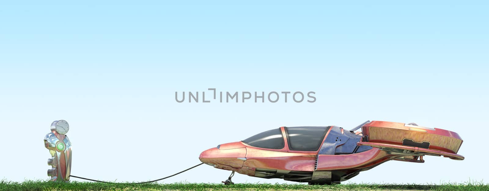 Futuristic flying car at gas station on blue background