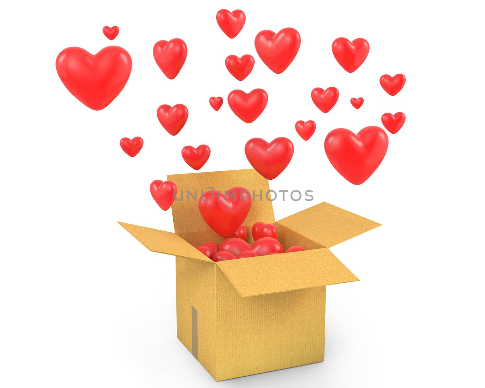 Carton box with a lot of flying out hearts by Zelfit