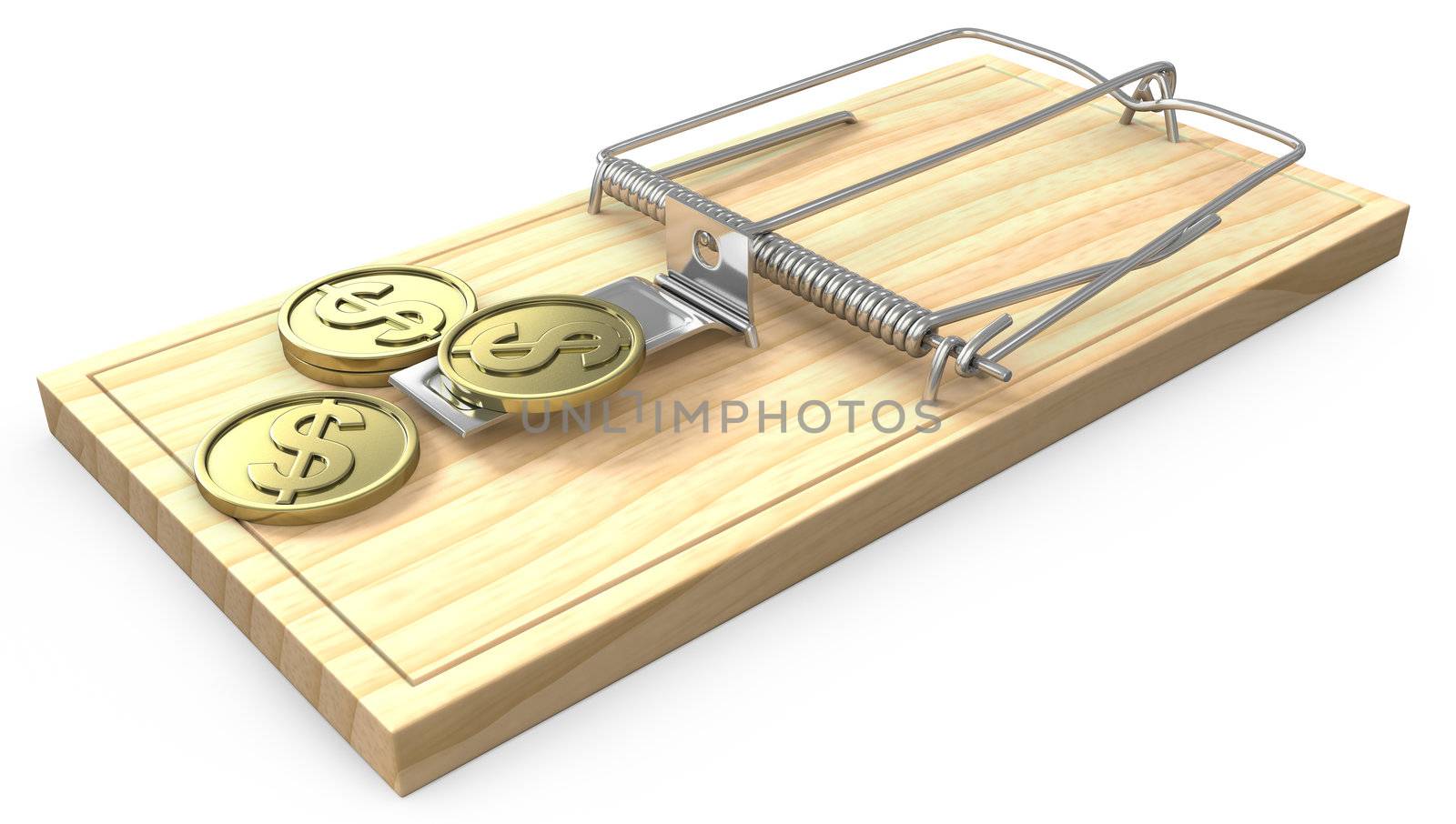 Few golden coins on a mouse trap, isolated on white background