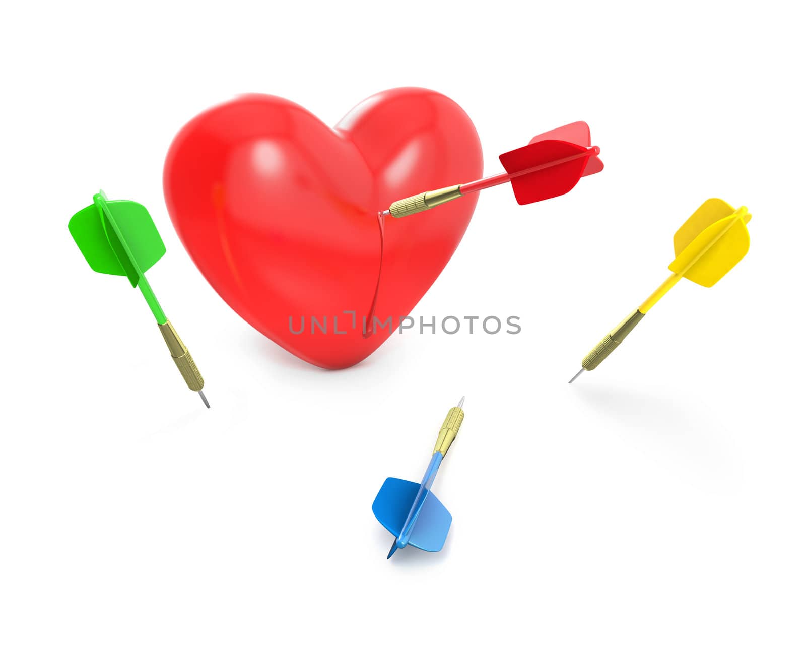 One dart hit the red heart, isolated on white background