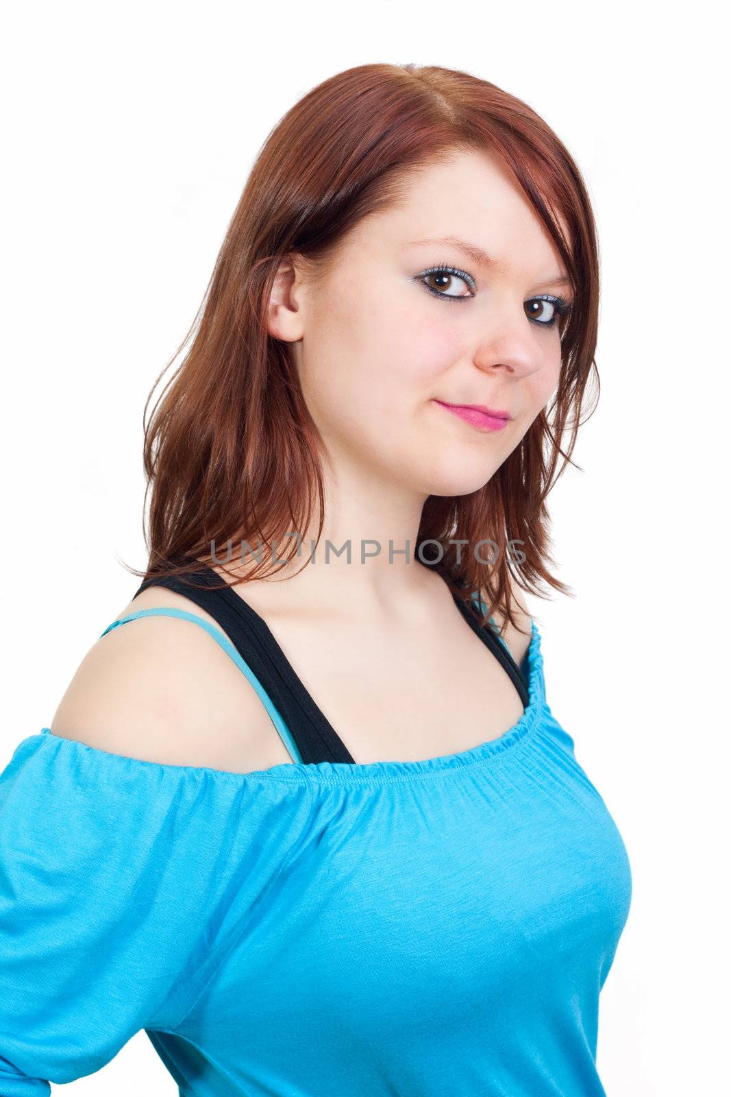 Beautiful woman with brown hairs. All on white background.