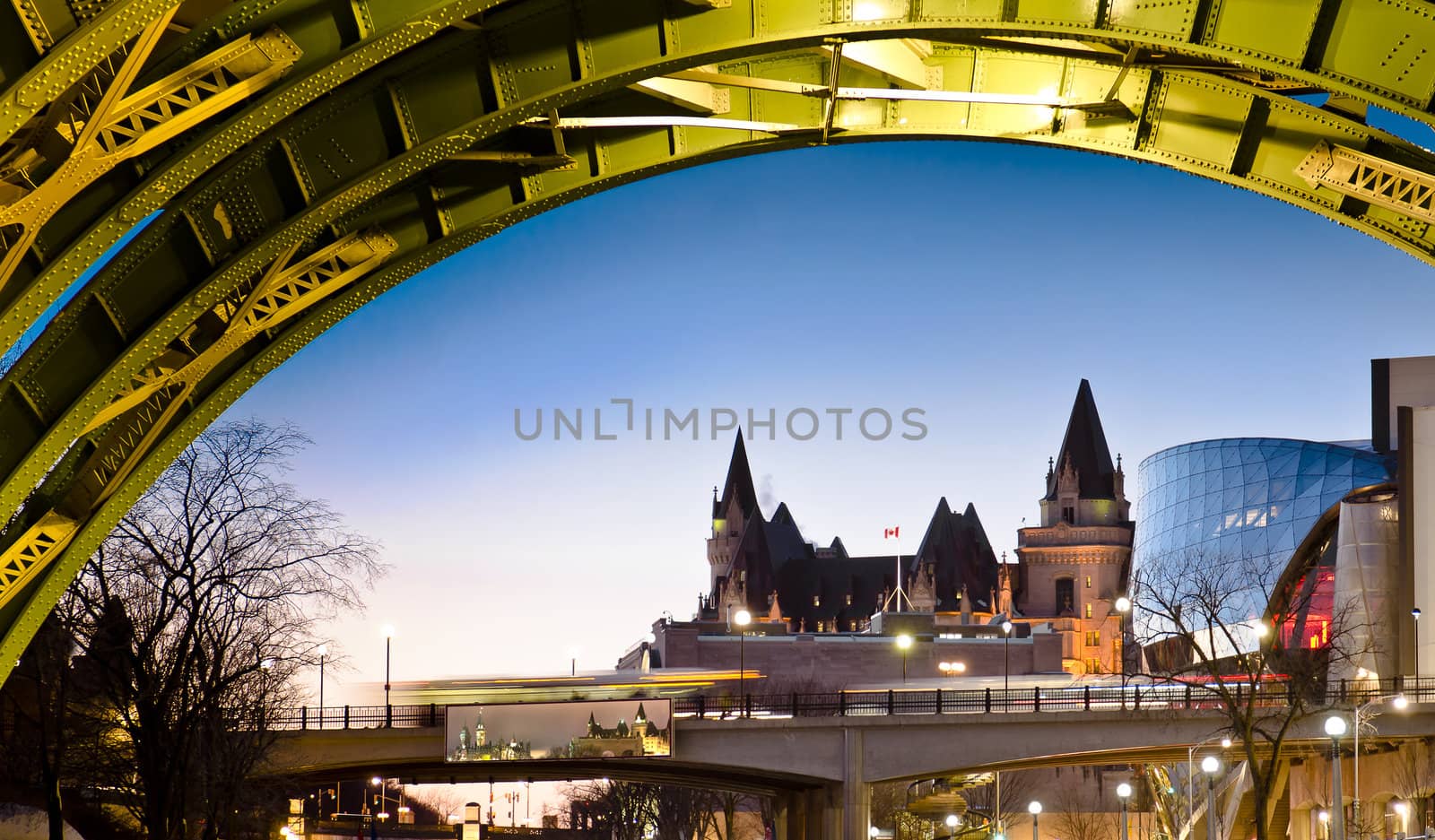 The Fairmont Chateau Laurier Hotel seen from under the Laurier Street bridge in Ottawa
