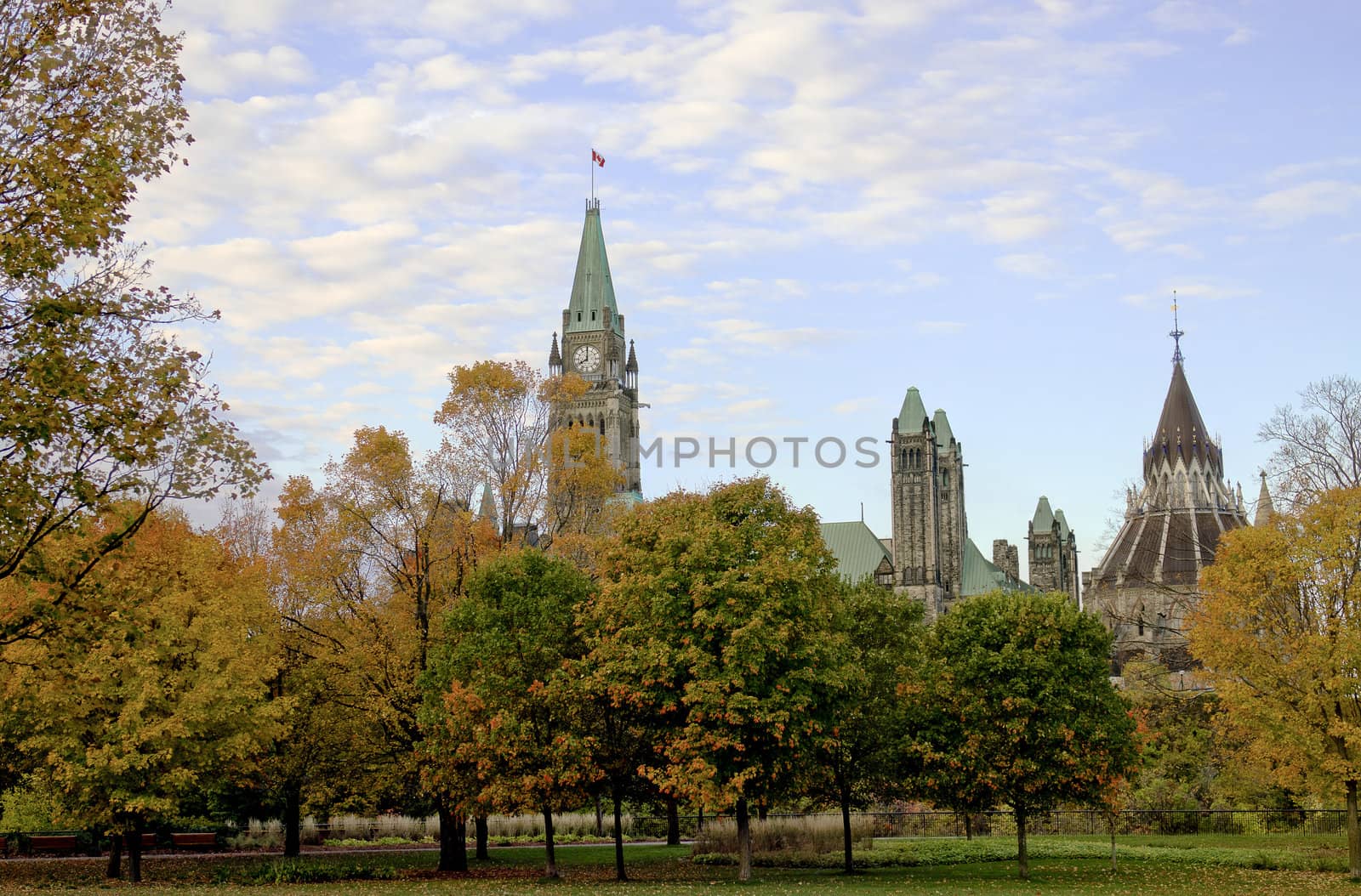 The Canadian Parliament Centre Block and Library seen from Major's Hill Park in Ottawa Canada.