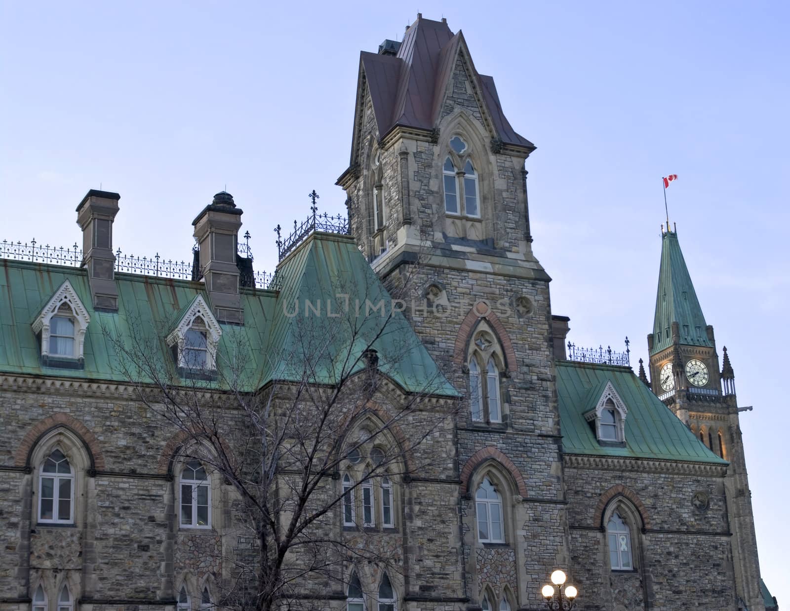 The canadian Parliament West block in the foreground and the Centre Block clock.