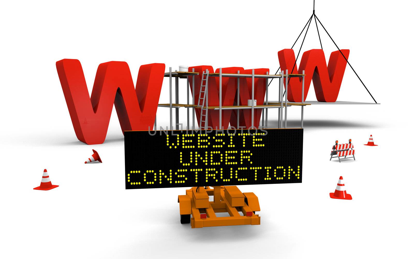 Concept of building website with letters www being built and painted, traffic sign, barriers and cones spread across