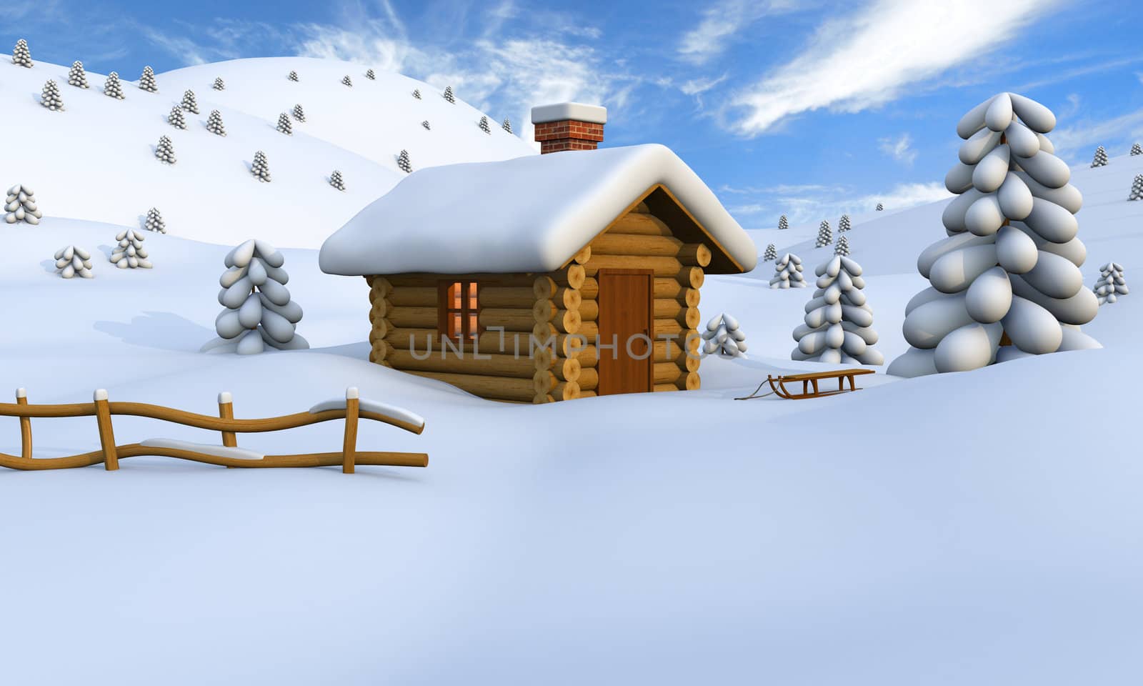 3D illustration of a cute little wooden hut in the middle of snowy countryside