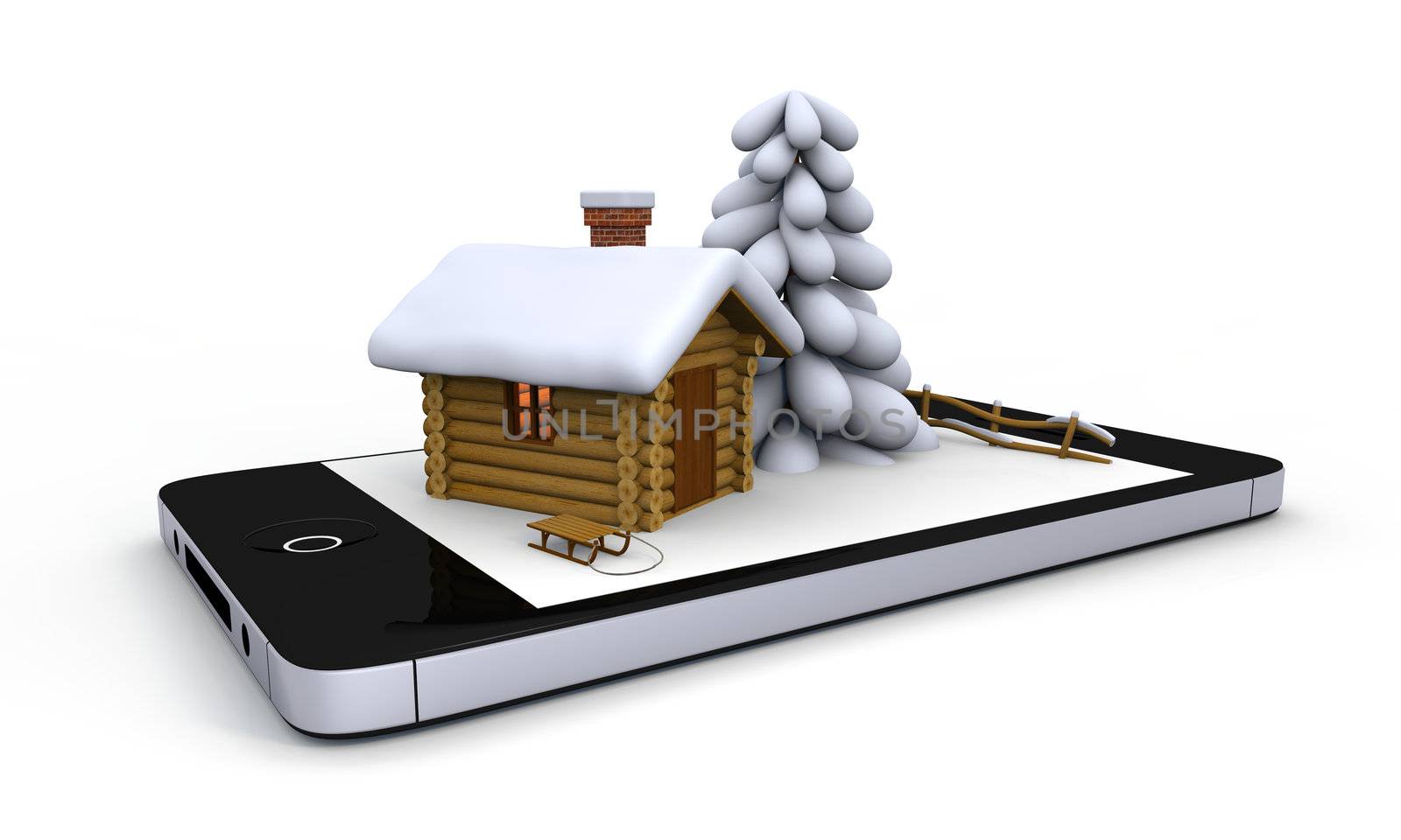 Little log cabin with winter theme on white screen of a mobile phone.