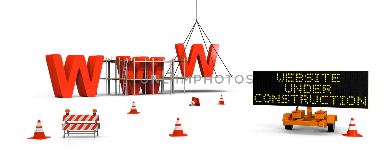 Concept of building website with letters www, signboard and barriers and traffic cones
