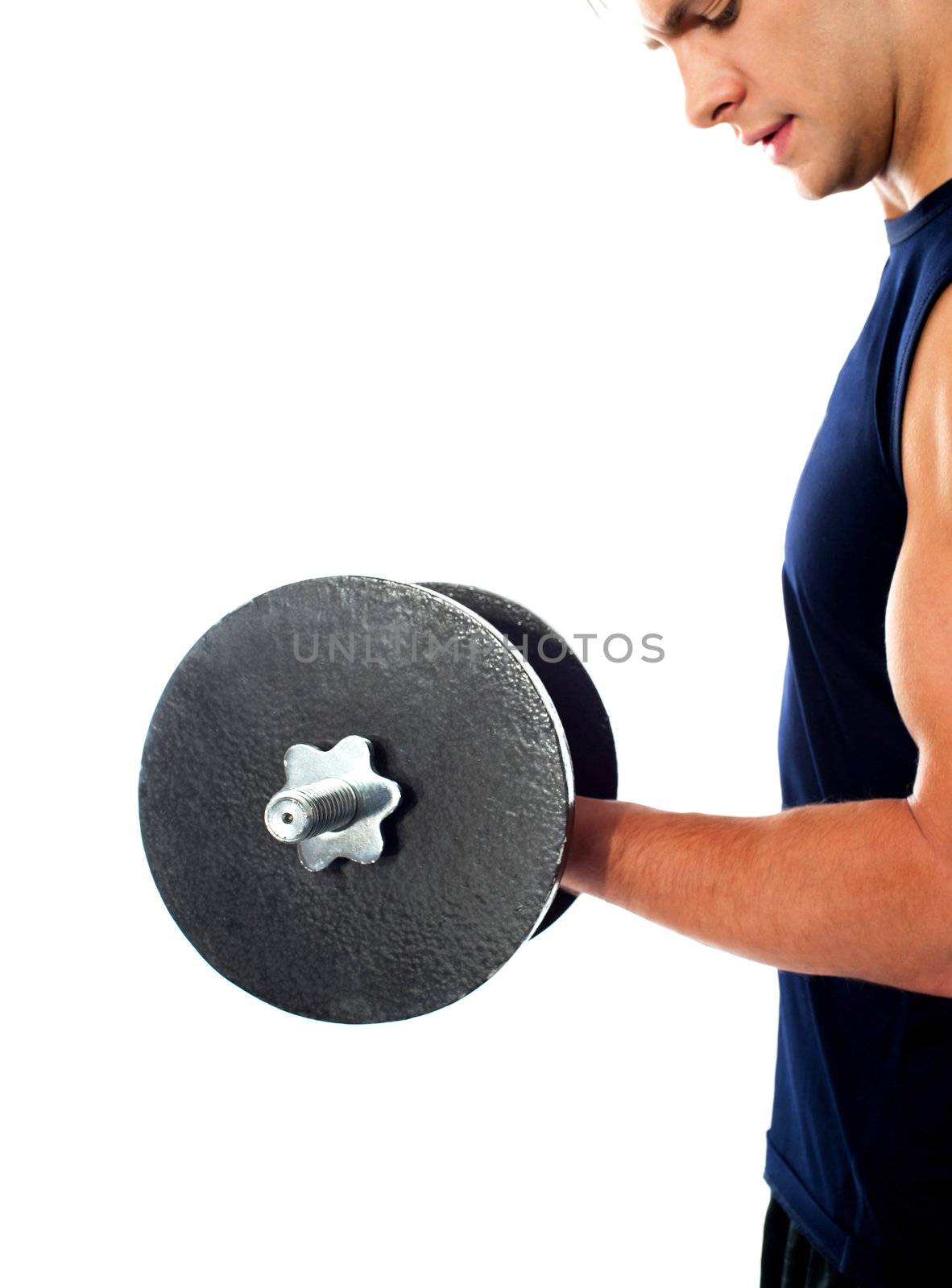 Cropped image of a bodybuilder doing exercise. Lifting heavy wieght dumbbells