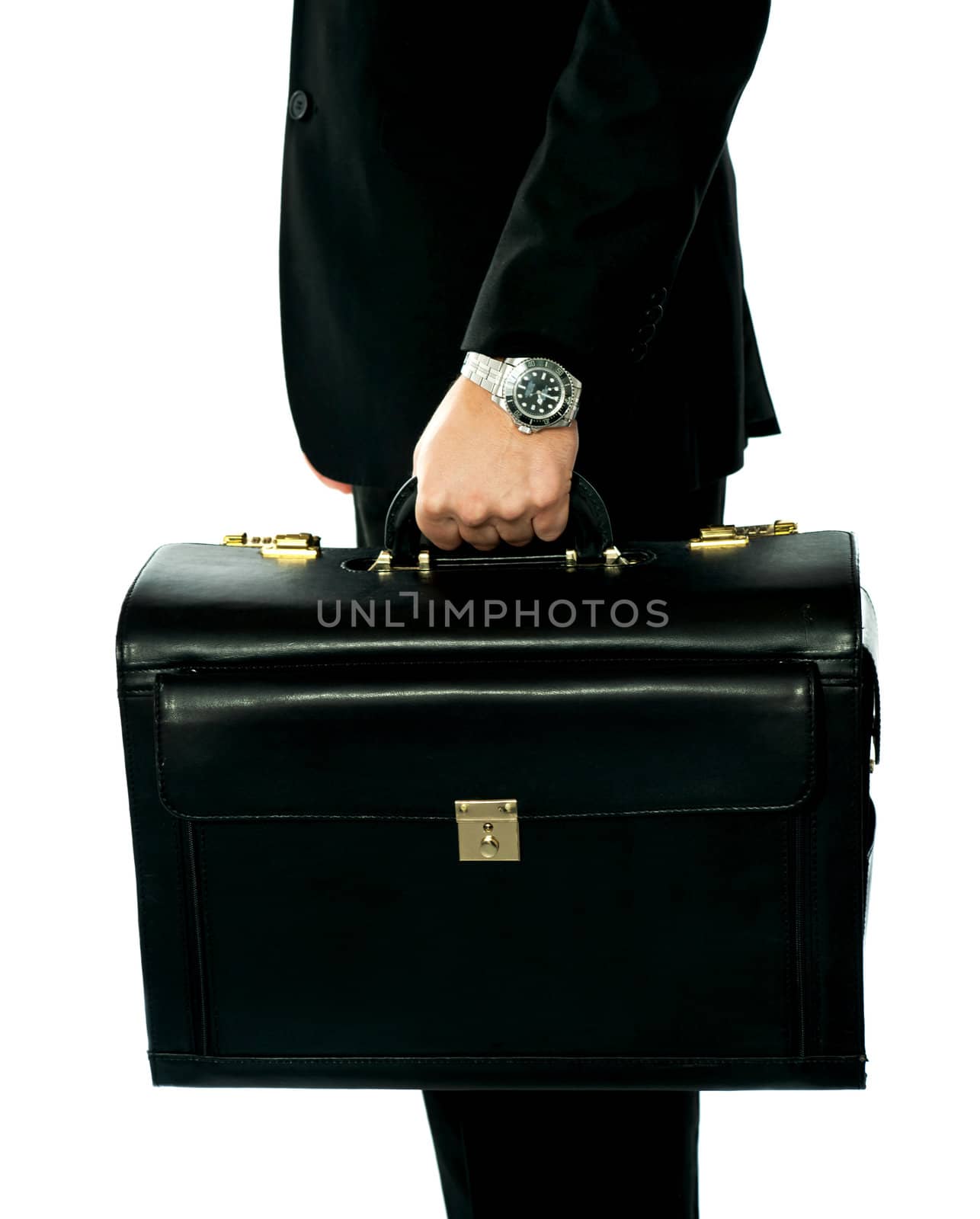 Closeup shot of man holding briefcase. Isolated on white
